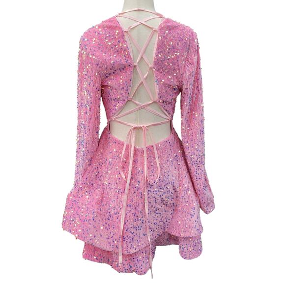 NWT Bubblegum Pink Sequin Short Dress Long Sleeves Open Corset Back - Picture 2 of 10